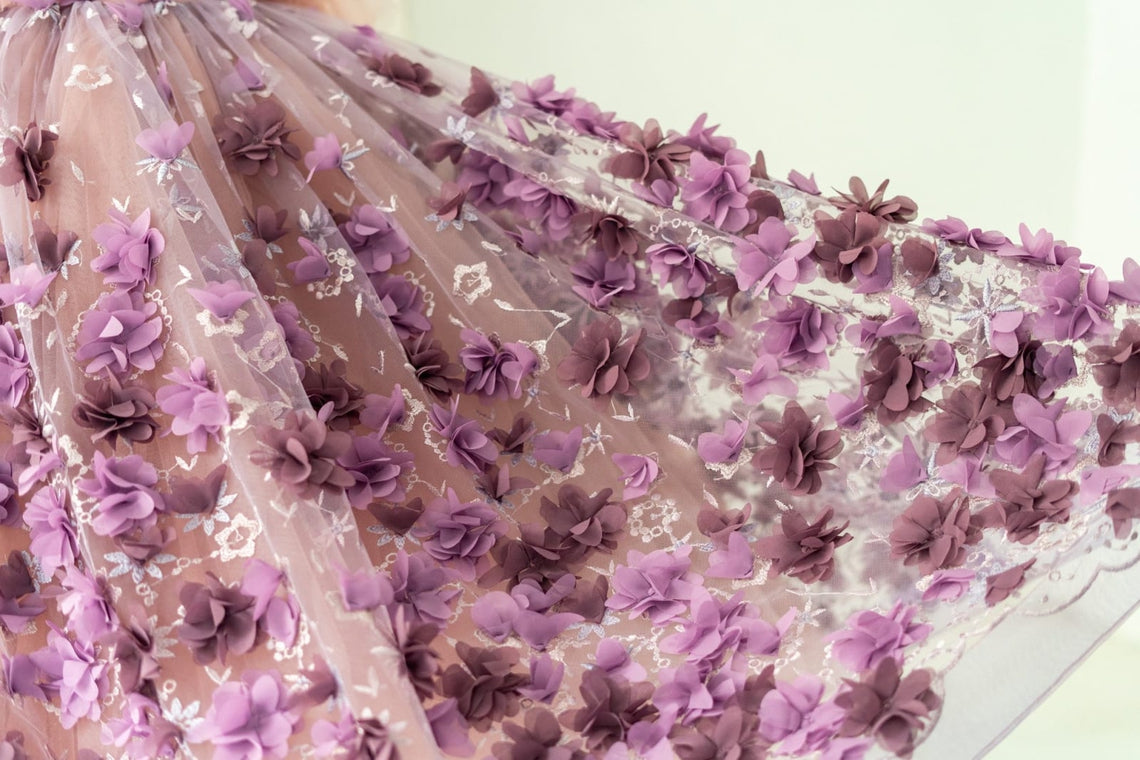 Vestido de gala/de princesa con tul y flores en 3D hasta el suelo 