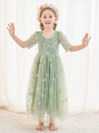 Vestido de niña de las flores color salvia con escote redondo, superficie de tela y tul (2003227581) 
