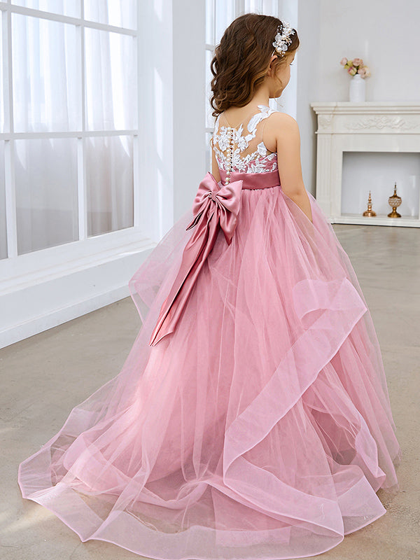 Vestido de niña de las flores de tul sin mangas con encaje y lazo rosa (010224320) 