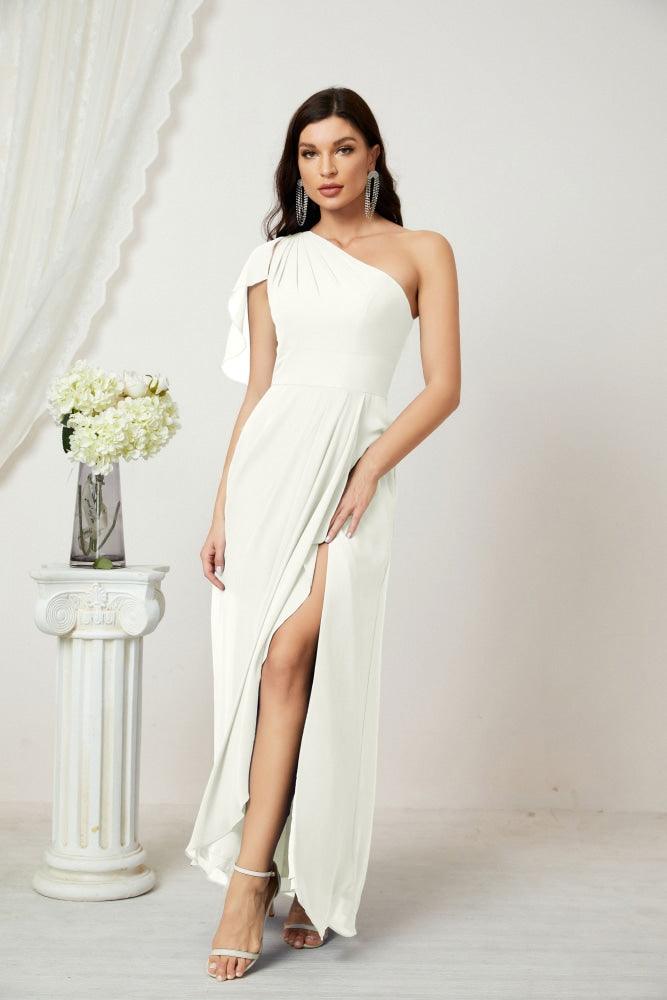 Baoleely  Chiffon Ruffled One Shoulder Long Bridesmaid Dresses A-line Formal Evening Gown Side Split 2809