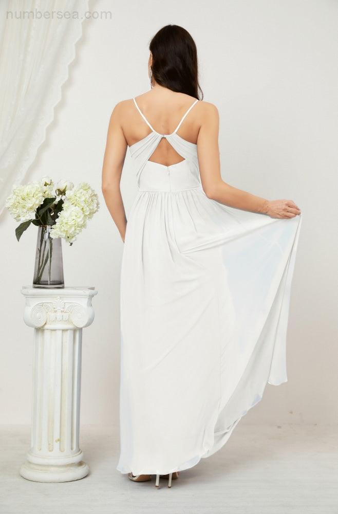 Robe de demoiselle d'honneur en mousseline de soie, longue, coupe trapèze, col en V, pour soirée de mariage, 2801 