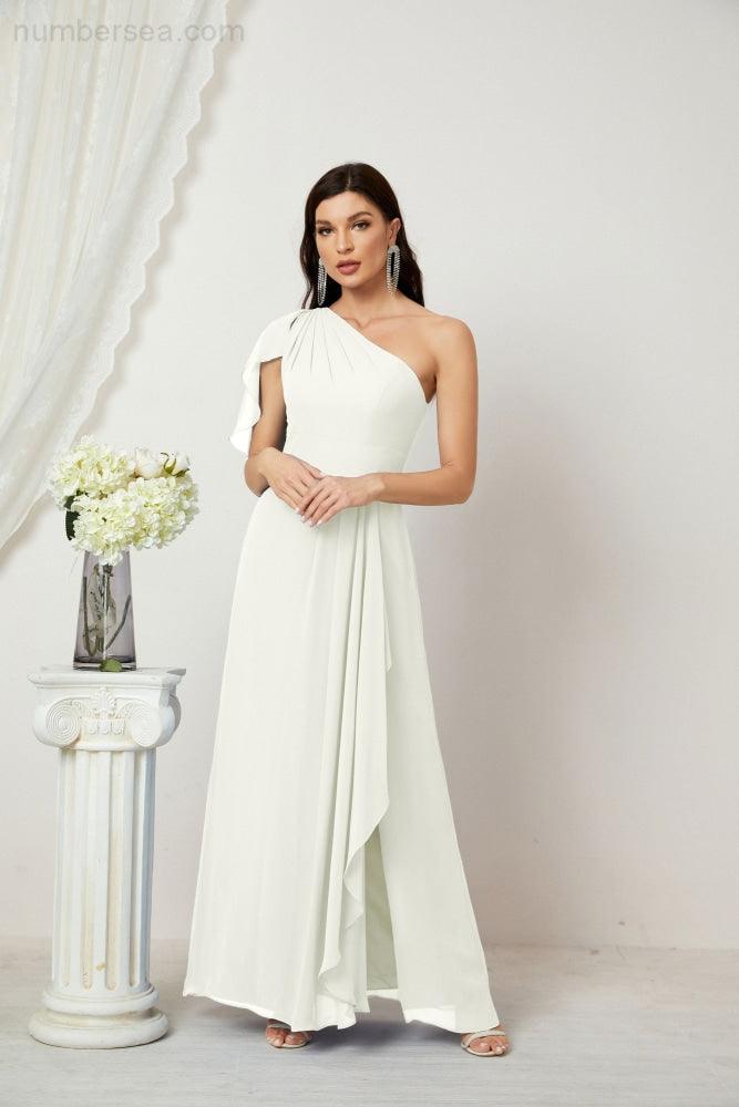 Baoleely  Chiffon Ruffled One Shoulder Long Bridesmaid Dresses A-line Formal Evening Gown Side Split 2809