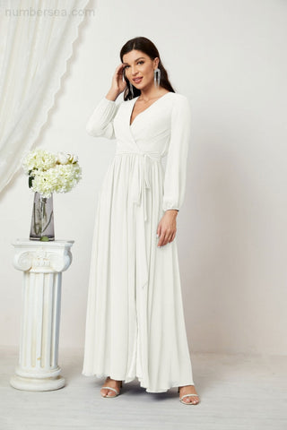 Robe de soirée Sunnderly en mousseline à décolleté plongeant en V, robe de demoiselle d'honneur longue à manches bouffantes et fente latérale, modèle SY2806 