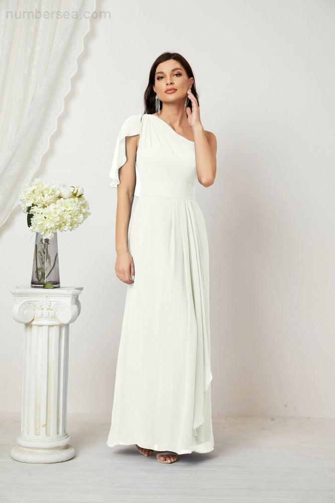Baoleely  Chiffon Ruffled One Shoulder Long Bridesmaid Dresses A-line Formal Evening Gown Side Split 2809