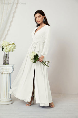 Robe de soirée Sunnderly en mousseline à décolleté plongeant en V, robe de demoiselle d'honneur longue à manches bouffantes et fente latérale, modèle SY2806 