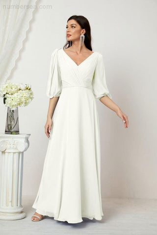 Baoleely  Formal Prom Gown Women V-Neck Chiffon Bridesmaid Dresses Long Bishop Sleeve Party Dress 2807