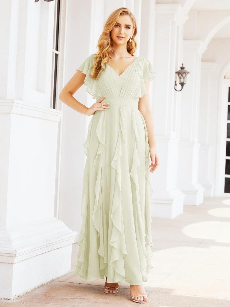 Ruffled Bridesmaid Dresses with Sleeves Long Formal Party Dress 28041