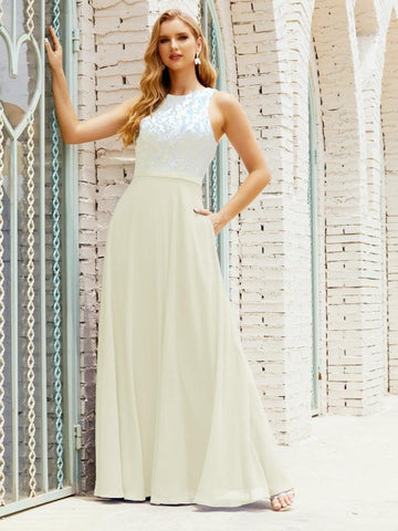 Vestido de dama de honor de encaje, largo hasta el suelo, con bolsillos, 28017 