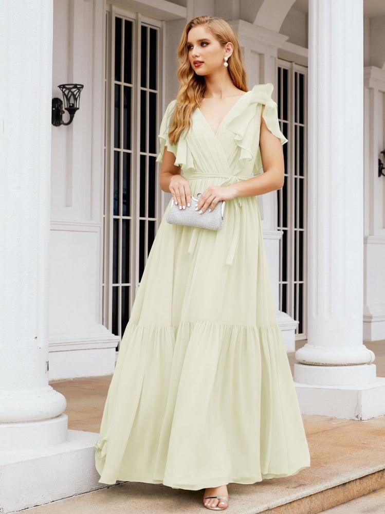 Baoleely Women's Open Back Formal Evening Party Prom Gowns V-Neck Long Chiffon Bridesmaid Dresses with Waist Belt 28038