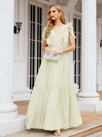 Vestido de fiesta formal de noche con espalda descubierta para mujer Baoleely, escote en V, largo, de gasa, con cinturón a la cintura 28038