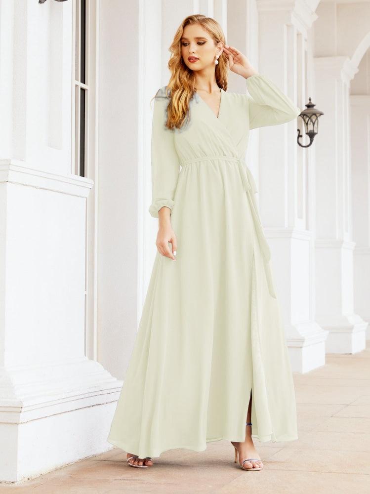 Vestido de dama de honor de gasa para mujer Sunderly, corte en A, manga larga, vestido de noche formal para invitada de boda SY28032 