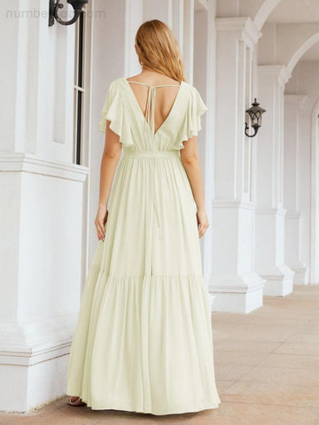 Vestido de fiesta formal de noche con espalda descubierta para mujer Baoleely, escote en V, largo, de gasa, con cinturón a la cintura 28038