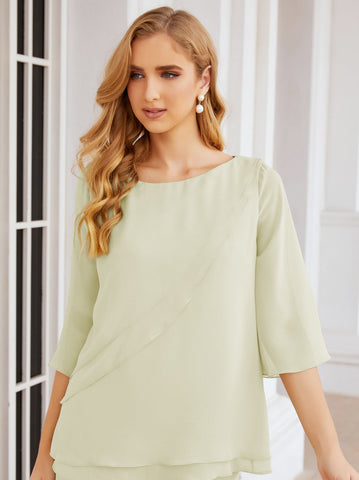 Elegante conjunto de pantalón y bata plateada de dos piezas para la madre de la novia, talla grande, con volantes, Sunderly Elegant SY28064