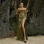 Robe de soirée sirène en satin à fines bretelles 2025, robe sexy fendue sur le côté, dos corset, robe de mariée, robe de bal