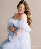Vestido de tul azul claro para baby shower para mamá