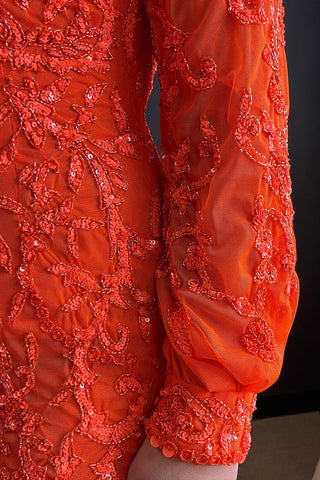 Mermaid One Shoulder Orange Sequins Long Prom Dress with Long Sleeves