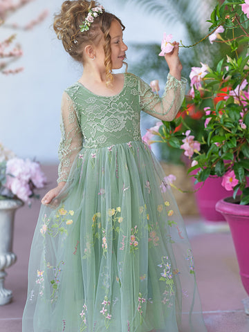 Vestido largo de niña de las flores de jardín, de tul bordado con encaje floral y corte en A 