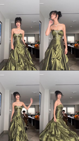 Robe de bal longue bustier en satin vert ornée de perles, robe de soirée élégante Y7533