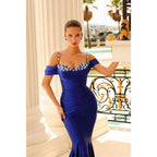 Robe de bal longue sirène en satin à bretelles spaghetti et perles plissées
