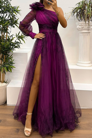 Vestidos de noche sexys para baile de graduación con estampado floral, abertura, malla en forma de flor y hombros caídos (6 colores) 