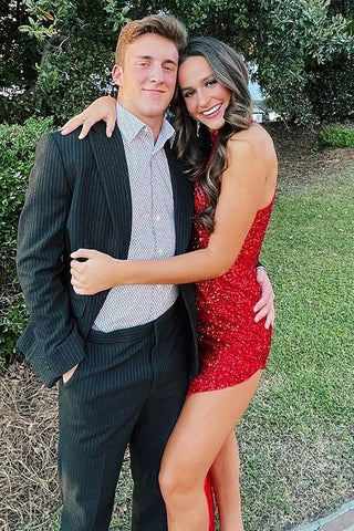 Sheath High Neck Red Sequins Asymmetrical Homecoming Dress