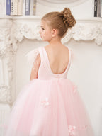 Vestido de niña de las flores de tul sin mangas estilo princesa con cuentas y lazo de plumas (010224704) 