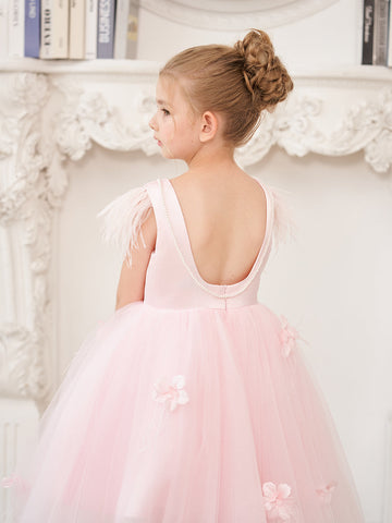 Vestido de niña de las flores de tul sin mangas estilo princesa con cuentas y lazo de plumas (010224704) 