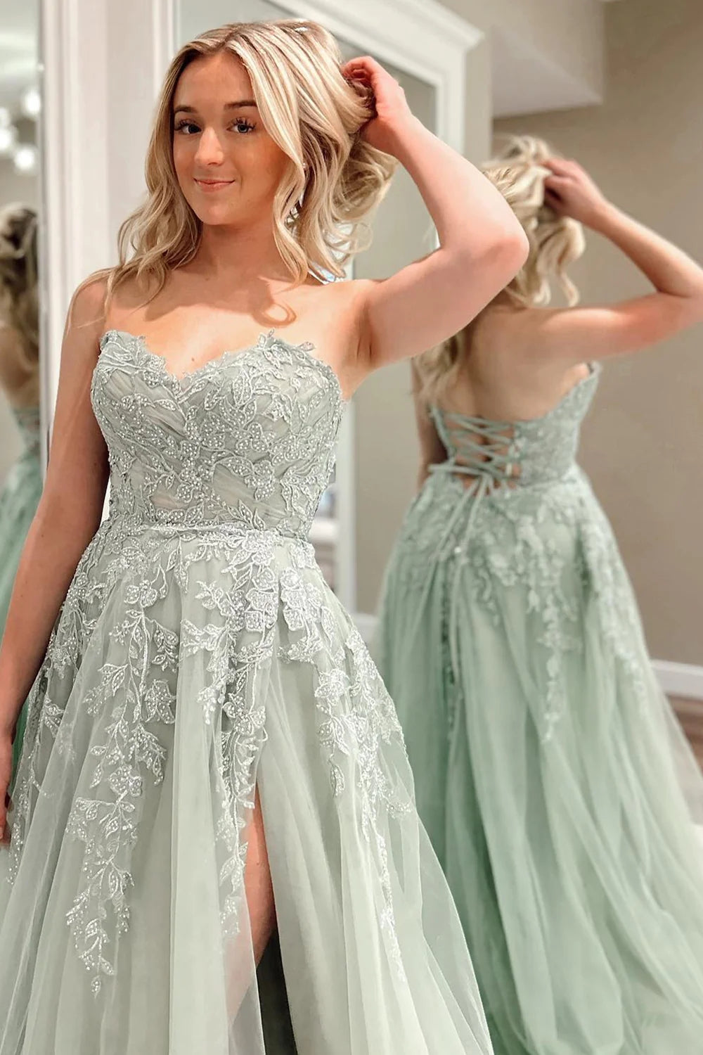 Vestidos largos de fiesta de corte A con escote corazón, tul verde salvia y encaje