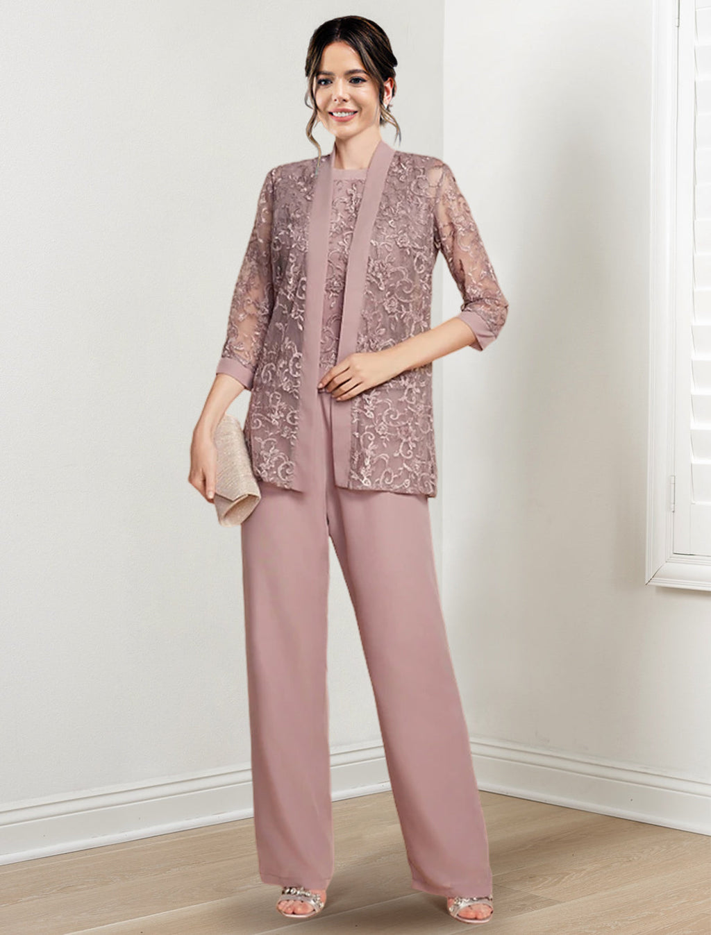 Tailleur-pantalon en mousseline à col bijou pour la mère de la mariée, avec veste 