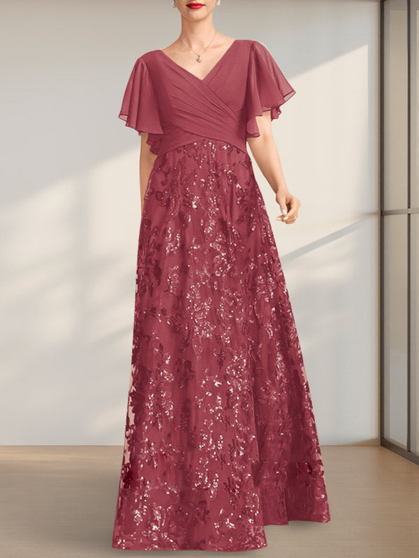 Vestido de novia de corte A, escote en V, largo hasta el suelo, de encaje, lentejuelas y gasa, con pliegues.