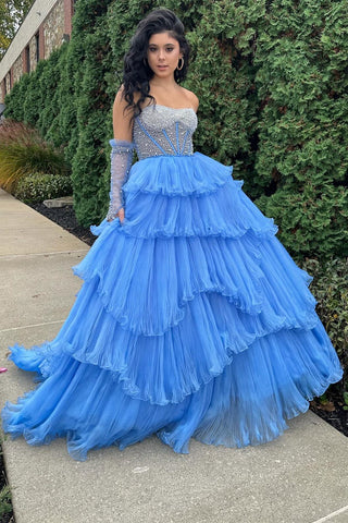 Vestido de graduación de organza con escote corazón, corte en A y mangas desmontables