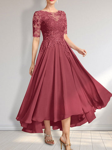 A-line Scoop Illusion Asymmetrical Chiffon Lace Mother of the Bride Dress With Sequins