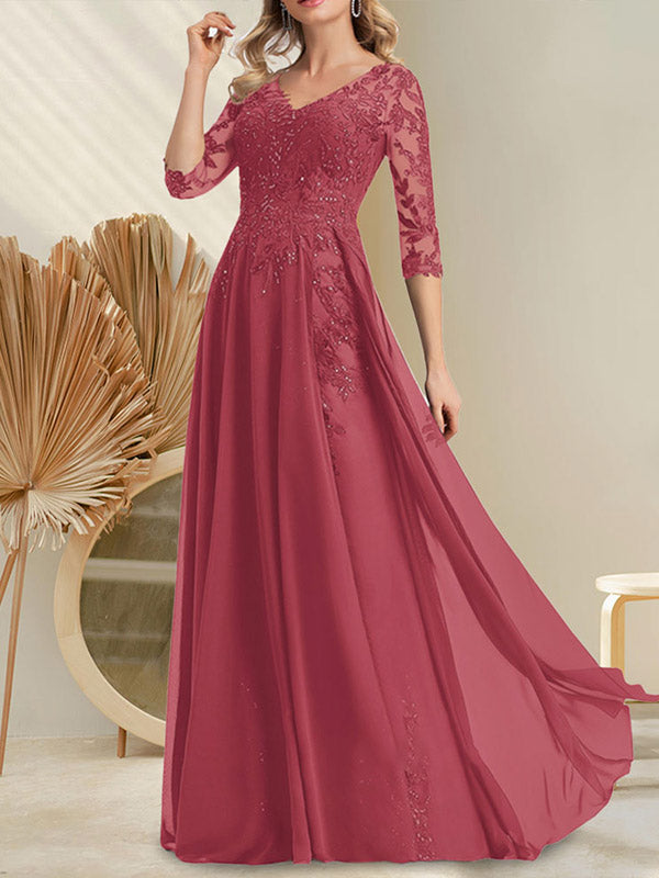 Vestido de novia de corte A, escote en V, largo hasta el suelo, de gasa de encaje con lentejuelas para la madre de la novia