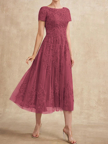 A-line Scoop Tea-Length Tulle Lace Mother of the Bride Dress