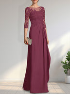 A-line Scoop Illusion Floor-Length Chiffon Lace Mother of the Bride Dress With Beading Sequins Cascading Ruffles