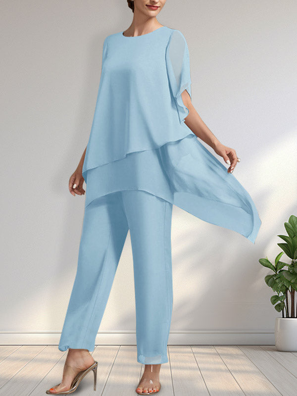 Vestido de gasa de dos piezas para la madre de la novia: mono/traje pantalón con escote redondo y largo hasta el tobillo.