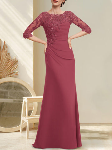 A-line Scoop Floor-Length Chiffon Lace Mother of the Bride Dress With Beading Pleated Sequins