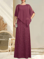 Robe fourreau/colonne longue en mousseline de soie et dentelle, ornée de sequins et de perles, pour la mère de la mariée.