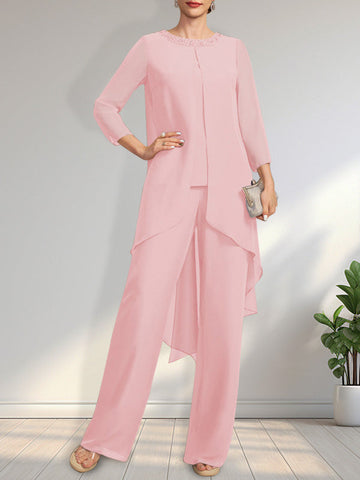 Separates Jumpsuit/Pantsuit Scoop Floor-Length Chiffon Mother of the Bride Dress With Sequins Beading
