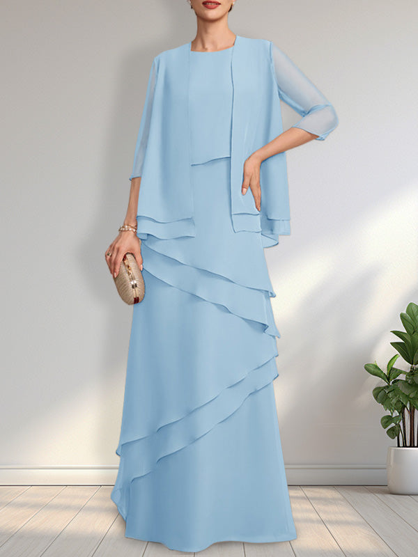 Vestido de gasa de corte recto y escote redondo hasta el suelo para la madre de la novia