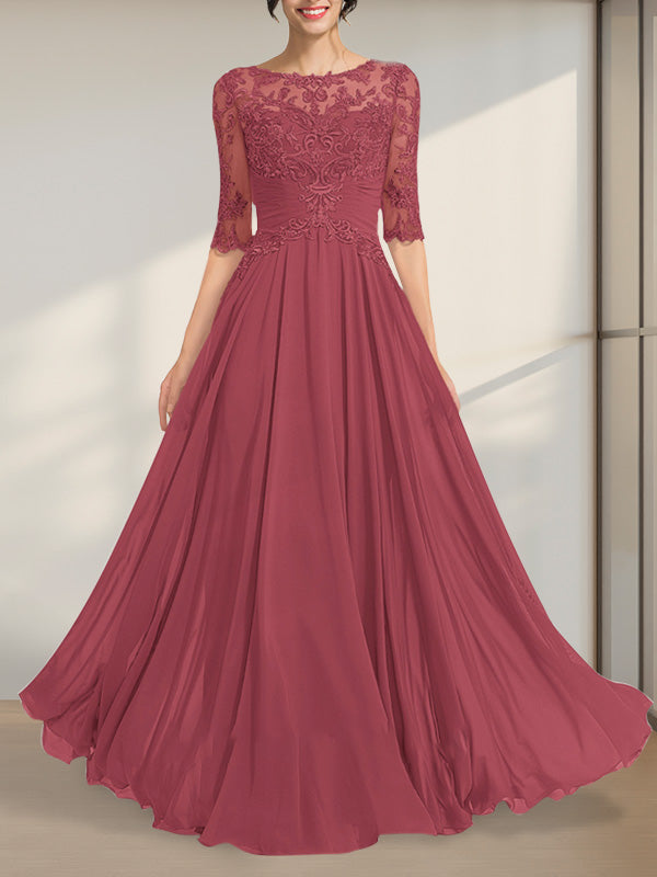 Robe de mère de la mariée en mousseline de soie et dentelle, coupe trapèze, longueur au sol, décolleté illusion, ornée de sequins plissés