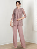 Tailleur-pantalon en mousseline à col bijou pour la mère de la mariée, avec veste 