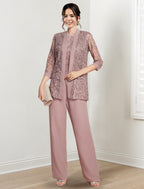 Tailleur-pantalon en mousseline à col bijou pour la mère de la mariée, avec veste 