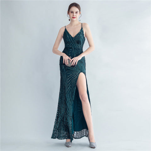 Robe de soirée haut de gamme en sequins haute densité, taille cintrée, fente latérale 