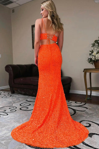 Robe de bal sirène deux pièces orange à sequins avec fente