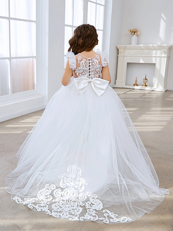 Vestido de princesa color marfil con apliques de encaje y cola de tul para niñas 