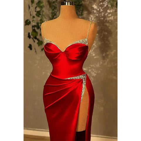 Sweetheart Straps Beaded Red Satin Long Prom Dress with Split Evening Gowns