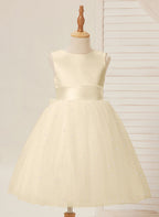 Vestido de princesa/vestido de princesa de satén y tul hasta la rodilla para niña de las flores 