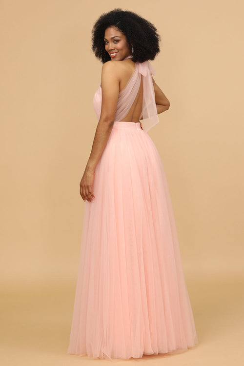 Robe de demoiselle d'honneur longue rose poudré à col halter trapèze