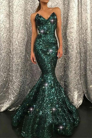 Vestido de fiesta largo de sirena con lentejuelas y escote corazón verde oscuro